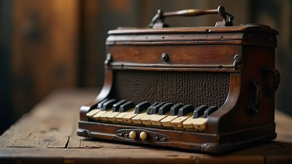 Antique accordion on a wooden table