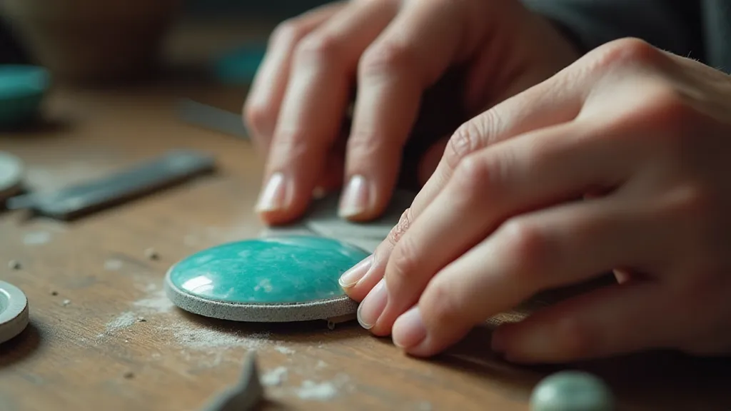 Lapidary craftsman shaping turquoise cabochon.