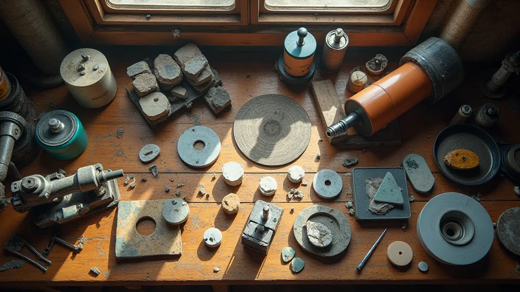Lapidary workspace with tools and materials