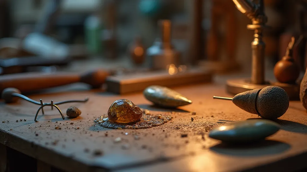 Lapidary workbench with tools and stones.