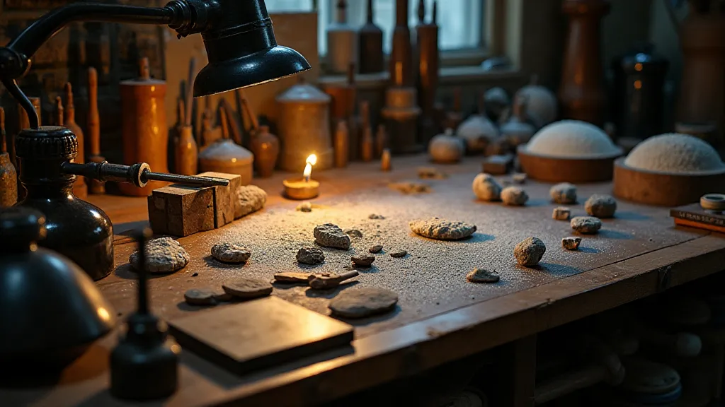 Lapidary's workbench with tools and stones